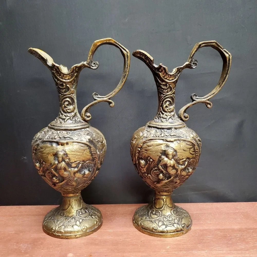 Antique Ornate Victorian Brass Cherub Ewer Pitcher Pair